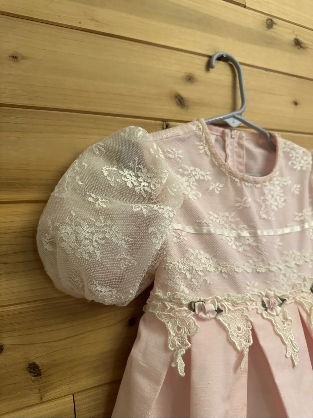Vintage Bonnie Jean Size 4 Girls Baby Pink Lace Rosette Dress Coquette Easter
